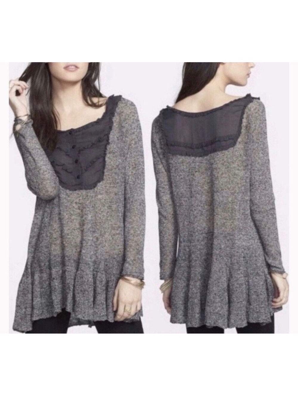 Free People Shadow Purple Knitted Tunic Sweater with Ruffled Sheer Yoke, Size XS